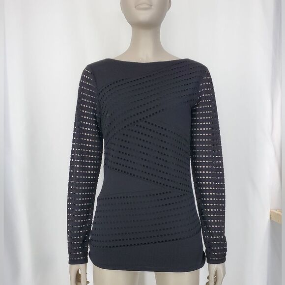 Vince Camuto Black Mesh-Like Long-Sleeve Bandage Top - Picture 12 of 12